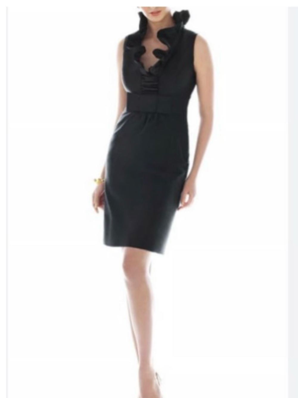 ALFRED SUNG Black Sleeveless Sheath Dress with Ruffled Stand Collar